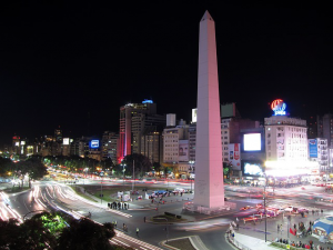 Obelisco de Buenos Aires (Obelisk of Buenos Aires) in Plaza de la República, Buenos Aires, Argentina – national historic monument and icon commemorating the fourth centenary of the first foundation of the city.